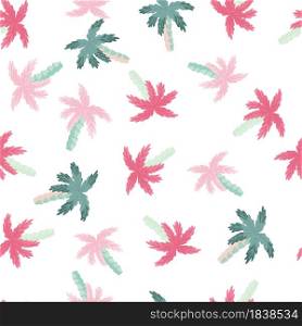 Isolated seamless pattern with pink and blue random small palm tree elements. White background. Designed for fabric design, textile print, wrapping, cover. Vector illustration.. Isolated seamless pattern with pink and blue random small palm tree elements. White background.