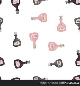 Isolated seamless pattern with pink and purple rum bottles print. White background. Hand drawn drink artwork. Designed for fabric design, textile print, wrapping, cover. Vector illustration.. Isolated seamless pattern with pink and purple rum bottles print. White background. Hand drawn drink artwork.