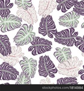 Isolated seamless pattern with purple and pink outline random monstera shapes. White background. Decorative backdrop for fabric design, textile print, wrapping, cover. Vector illustration.. Isolated seamless pattern with purple and pink outline random monstera shapes. White background.