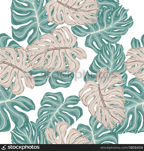 Isolated seamless pattern with random blue and purple monstera leaves print. White background. Decorative backdrop for fabric design, textile print, wrapping, cover. Vector illustration.. Isolated seamless pattern with random blue and purple monstera leaves print. White background.