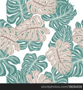 Isolated seamless pattern with random blue and purple monstera leaves print. White background. Decorative backdrop for fabric design, textile print, wrapping, cover. Vector illustration.. Isolated seamless pattern with random blue and purple monstera leaves print. White background.