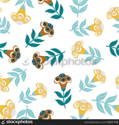 Isolated seamless pattern with random blue and yellow colored flowers simple print. White background. Designed for fabric design, textile print, wrapping, cover. Vector illustration. Isolated seamless pattern with random blue and yellow colored flowers simple print. White background.