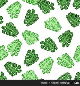 Isolated seamless pattern with random green palm leaf monstera shapes. White background. Decorative backdrop for fabric design, textile print, wrapping, cover. Vector illustration.. Isolated seamless pattern with random green palm leaf monstera shapes. White background.