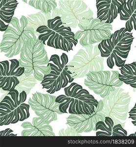 Isolated seamless pattern with random green pastel monstera leaves shapes. White background. Decorative backdrop for fabric design, textile print, wrapping, cover. Vector illustration.. Isolated seamless pattern with random green pastel monstera leaves shapes. White background.