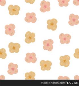 Isolated seamless pattern with random kids pink and beige daisy flowers print. White background. Simple style. Great for fabric design, textile print, wrapping, cover. Vector illustration.. Isolated seamless pattern with random kids pink and beige daisy flowers print. White background. Simple style.