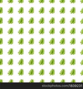 Isolated seamless pattern with small green monstera leaves elements. White background. Decorative backdrop for fabric design, textile print, wrapping, cover. Vector illustration.. Isolated seamless pattern with small green monstera leaves elements. White background.
