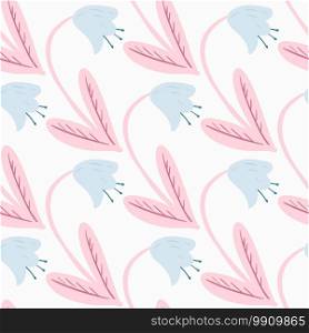Isolated seamless pattern with stylized c&anula simple elements. Scandinavian flowers ornament in blue and pink tones on white background. Vector illustration.. Isolated seamless pattern with stylized c&anula simple elements. Scandinavian flowers ornament in blue and pink tones on white background.