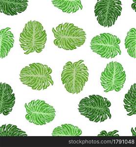 Isolated seamless pattern with tropical green monstera leaves ornament. White background. Decorative backdrop for fabric design, textile print, wrapping, cover. Vector illustration.. Isolated seamless pattern with tropical green monstera leaves ornament. White background.