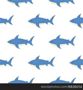Isolated seamless pattern with underwater shark ornament. Blue fishes on white backround. Decorative backdrop for fabric design, textile print, wrapping, cover. Vector illustration.. Isolated seamless pattern with underwater shark ornament. Blue fishes on white backround.