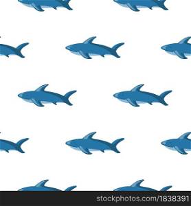 Isolated seamless zoo marine pattern with blue shark fish silhouettes. White background. Simple print. Designed for fabric design, textile print, wrapping, cover. Vector illustration.. Isolated seamless zoo marine pattern with blue shark fish silhouettes. White background. Simple print.