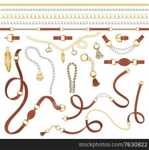 Isolated set of golden and silver jewelry. Fashion necklaces. Decoration for clothes chain belts with charms and leather tassels elements, chains braid for fabric design. Vector luxury accessories. Belts Made of Leather, Chain Decoration Elements
