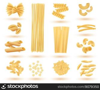 Isolated Set of Italian Pasta. Farfalle, Conchiglie, Linguine, Maccheroni, Penne, Rigate, Spaghetti, Fusilli and Lasagne. Vector Illustration.