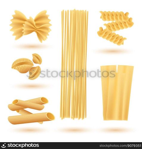 Isolated Set of Italian Pasta. Farfalle, Conchiglie, Linguine, Maccheroni, Penne, Rigate, Spaghetti, Fusilli and Lasagne. 
