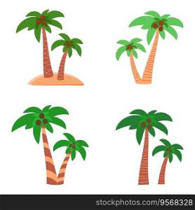 Isolated set of palm trees with coconuts in flat style. Set of palm trees with coconuts