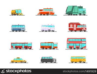 Isolated set of simplified public service vehicles. Vector flat graphic design.