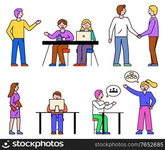 Isolated set of working characters. Man and woman colleagues or freelancers team. Team leader with employees explaining tasks. Modern technologies used at job, flat style vector illustration. People at Work, Colleagues by Laptops At Seminars