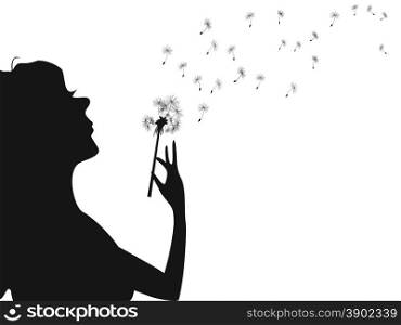 isolated silhouette of woman blowing dandelion from white background