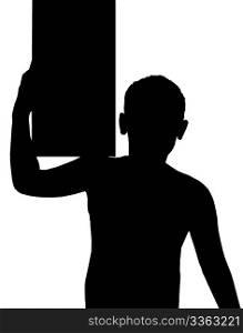 Isolated Silhouetted Boy Child Gesture and Activity Carrying Box on Shoulder