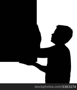 Isolated Silhouetted Boy Child Gesture and Activity Carrying Large Frame