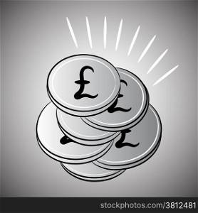 Isolated silver coins Sterling Pounds. Vector image.