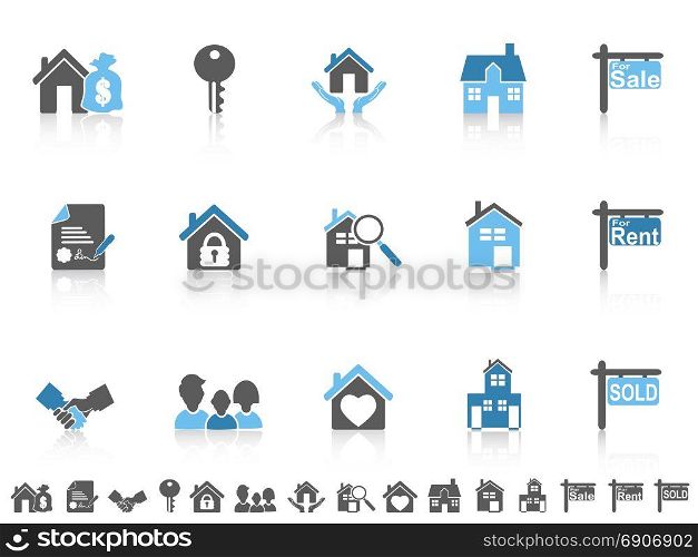 isolated simple blue color real estate icons set from white background