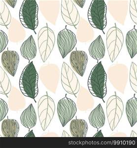 Isolated simple flat seamless floral pattern with leaves. Green and pink colored outline foliage on white background. Great for fabric design, textile print, wrapping, cover. Vector illustration.. Isolated simple flat seamless floral pattern with leaves. Green and pink colored outline foliage on white background.