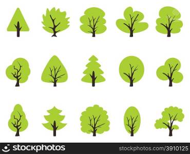 isolated simple green tree icons set on white background