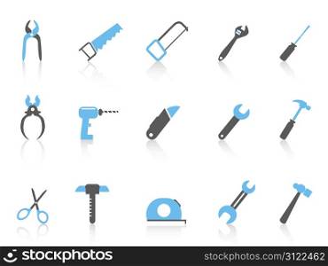 isolated simple hand tool icons with black and blue color from white background