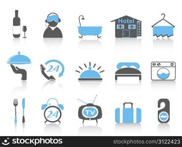 isolated simple hotel icons with black and blue color from white background