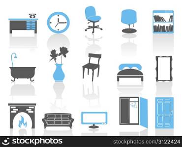 isolated simple interior furniture icons set in blue series on white background