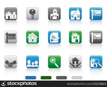 isolated square button real estate icons set on white background