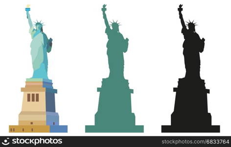 Isolated Statue of Liberty in New York Colorful, an green and black silhouettes on white background