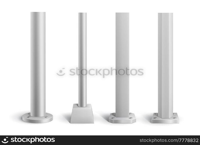 Isolated steel metal poles and pillars. Realistic vector pipes on stands, 3d elements of sign post, street billboard or construction columns, iron, silver or aluminum pole mockup. Isolated steel metal poles, pillars, pipes