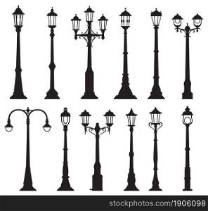 Isolated streetlight lamps, vintage lamppost or streetlamp and lanterns, vector silhouette icons. Old street light pillars, retro lantern poles or city illumination lampposts with gas or light bulbs. Streetlight lamps, vintage lamppost or streetlamps