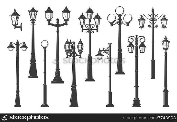 Isolated streetlight, streetlamps and lampposts, vector vintage light lanterns and lamp posts. Retro street light pillars and lantern poles, city illumination lampposts with gas or old light bulbs. Isolated streetlight, streetlamps and lampposts