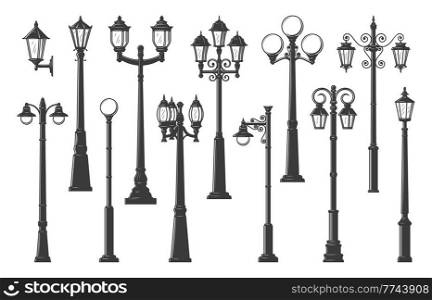 Isolated streetlight, streetlamps and lampposts, vector vintage light lanterns and lamp posts. Retro street light pillars and lantern poles, city illumination lampposts with gas or old light bulbs. Isolated streetlight, streetlamps and lampposts