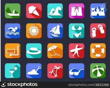 isolated summer beach flat icons set with long shadow on black background