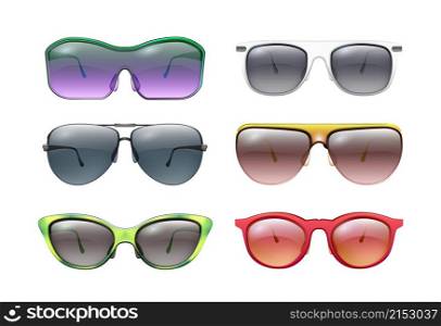 Isolated sunglasses. Colorful sunglass, realistic bright frames. Plastic metal rim, summer face protection fashion accessories vector collection. Protection vision and eyesight, sunglasses optic. Isolated sunglasses. Colorful sunglass, realistic bright frames. Plastic metal rim, summer face protection fashion accessories vector collection
