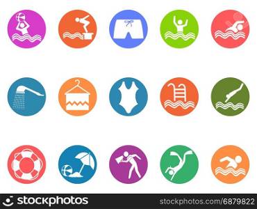 isolated swimming pool round button icons set from white background