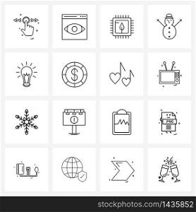 Isolated Symbols Set of 16 Simple Line Icons of bulb, festival, window, winters, snowman Vector Illustration