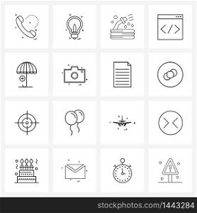 Isolated Symbols Set of 16 Simple Line Icons of umbrella, console, water, coding, browser Vector Illustration