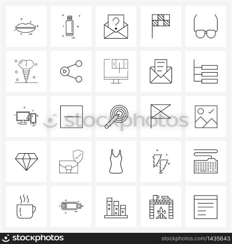 Isolated Symbols Set of 25 Simple Line Icons of eyeglasses, flags, device, sports flag, message Vector Illustration