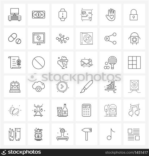 Isolated Symbols Set of 36 Simple Line Icons of charity foundation, charitable organization, hand watch, electric board, circuit Vector Illustration