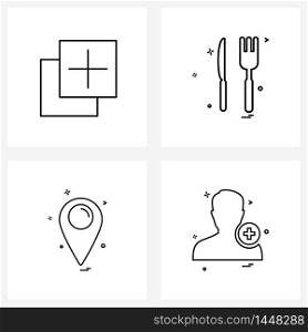 Isolated Symbols Set of 4 Simple Line Icons of add, location, food, fork, avatar Vector Illustration