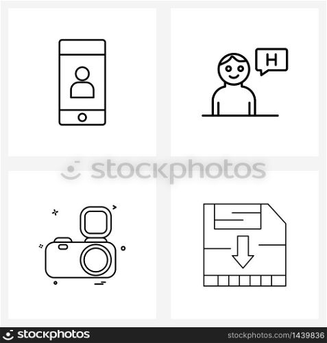 Isolated Symbols Set of 4 Simple Line Icons of avatar, camera , mobile, chat, photograph Vector Illustration