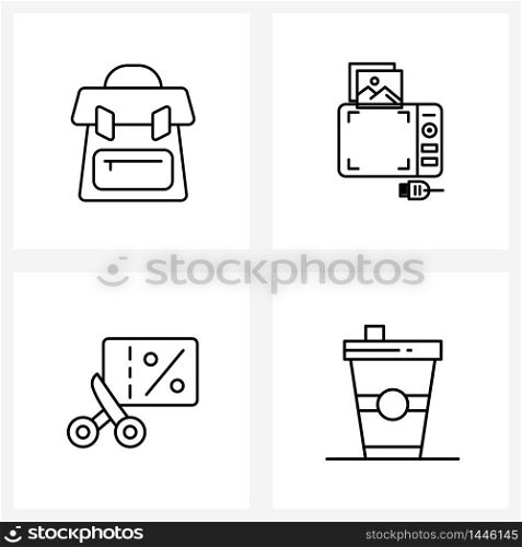 Isolated Symbols Set of 4 Simple Line Icons of bag, offer, camera, image, drink Vector Illustration