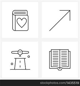 Isolated Symbols Set of 4 Simple Line Icons of book; airplane; heart; arrow; runway Vector Illustration