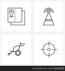 Isolated Symbols Set of 4 Simple Line Icons of cartography, medical, map, media, wheel chair Vector Illustration