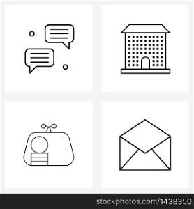 Isolated Symbols Set of 4 Simple Line Icons of chat, pouch, apartment, house, wallet Vector Illustration