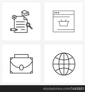 Isolated Symbols Set of 4 Simple Line Icons of document, briefcase, graduation, online, bag Vector Illustration